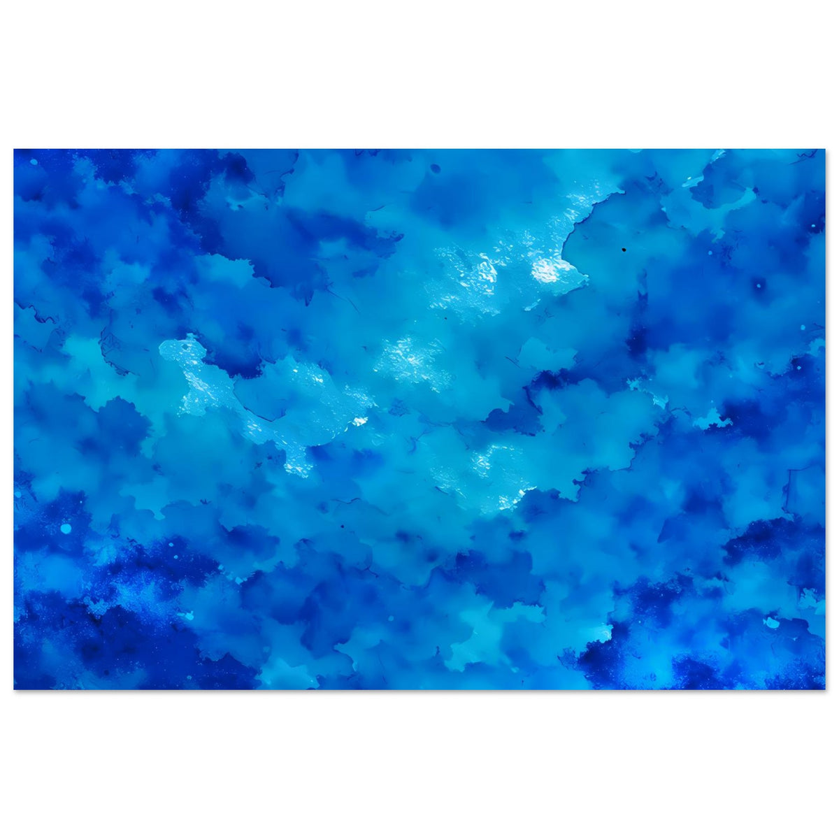 Blaues abstraktes Kunstposter mit Wolken-ähnlicher Aquarellstruktur und Glanzeffekt, horizontal