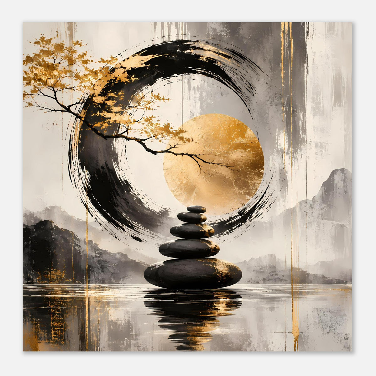 Kunstposter im Querformat mit goldener Sonne im Kreis, schwarzer Pinselstruktur und Steinsäule