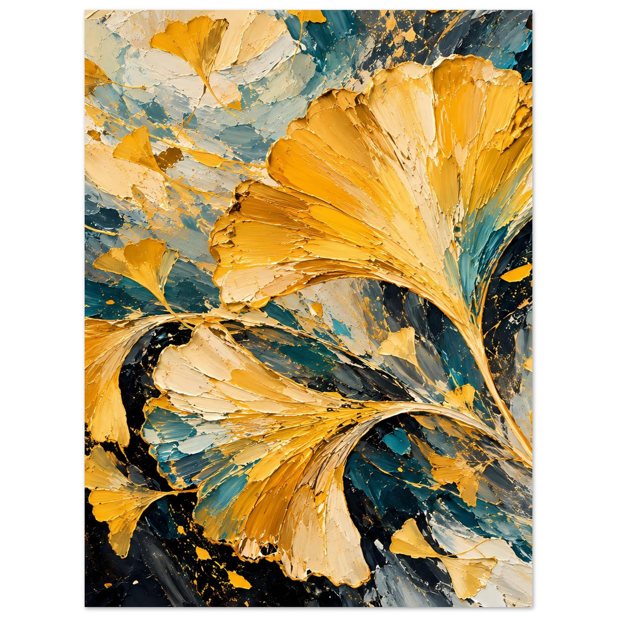 Senkrechtes Poster mit abstraktem Ginkgo-Blatt in Gold und Petrol, scharfes Farbrelief