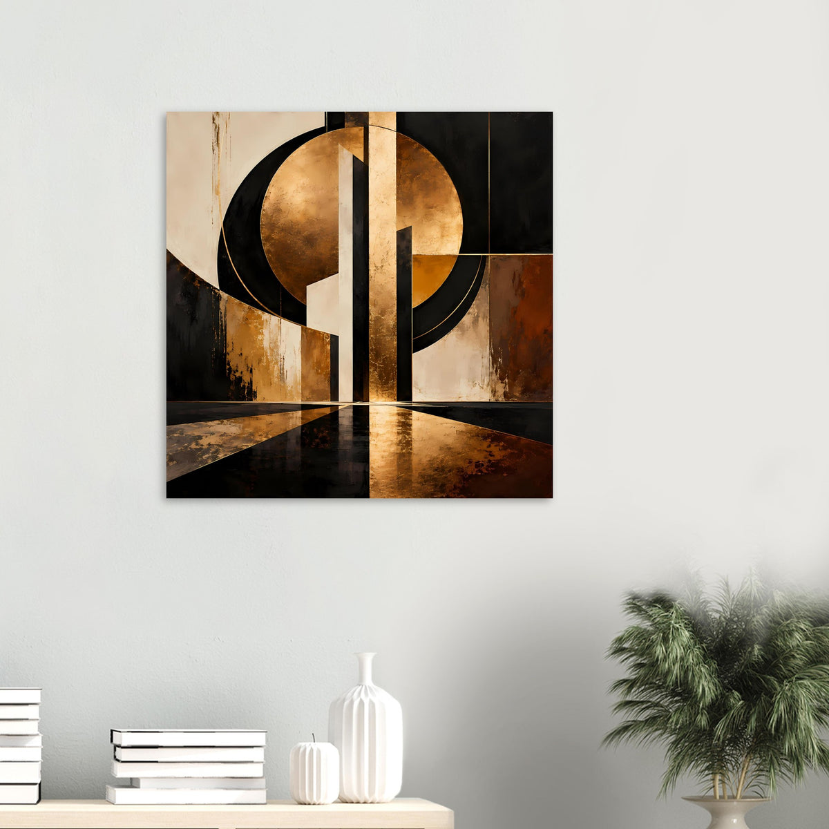 Abstraktes Kunstposter, gold-schwarzes Motiv mit großen Kreisformen und Streifen