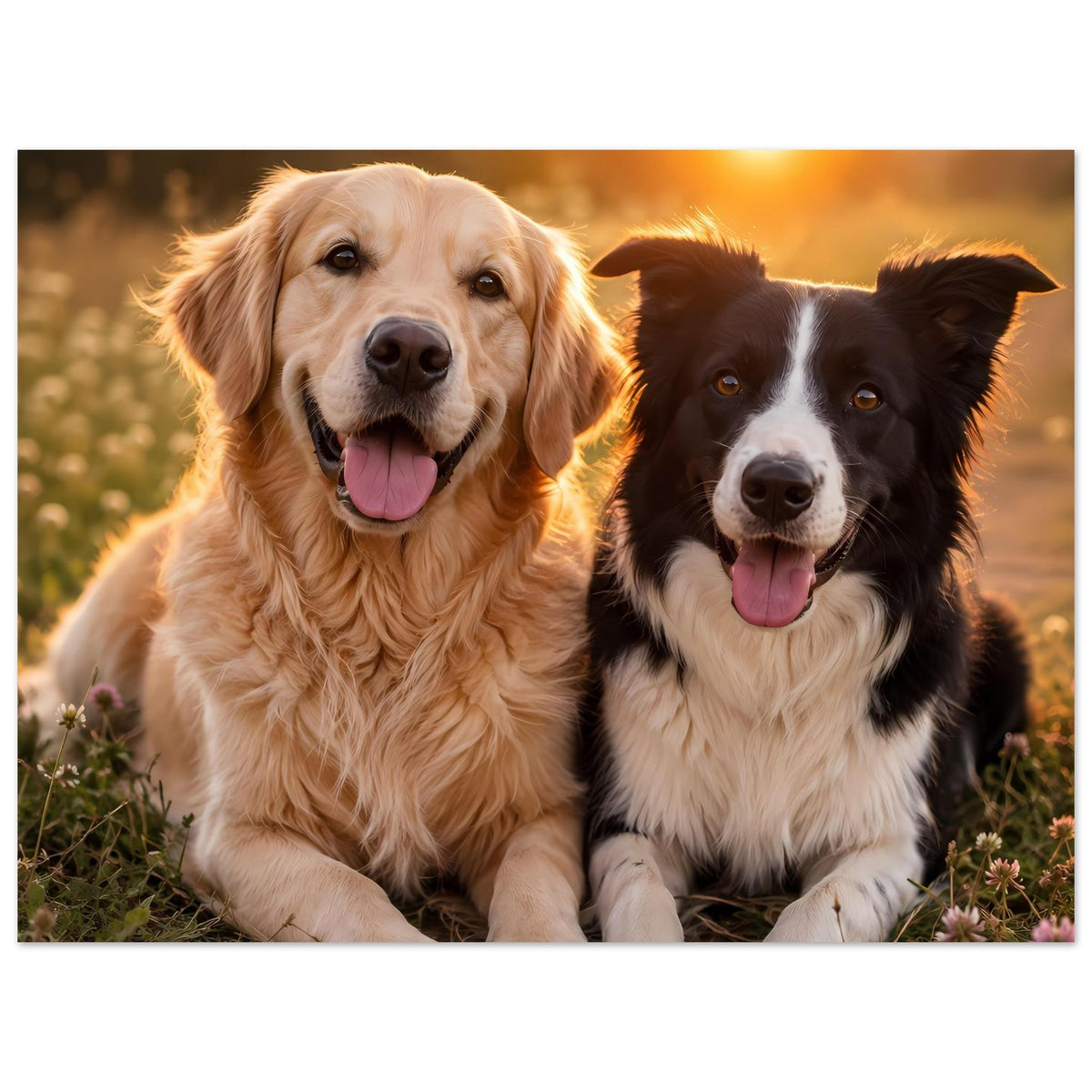 Hunde-Porträt-Poster mit zwei Hunden im warmen Licht, sitzend zwischen Blumen