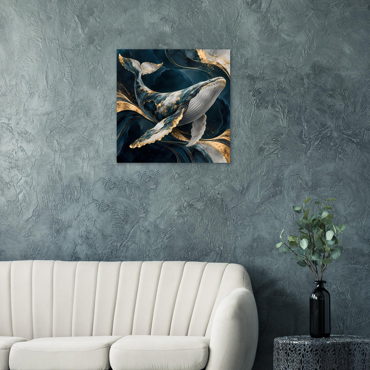 Quadratisches Wandposter mit Walillustration, blauem Hintergrund und goldenen Akzenten