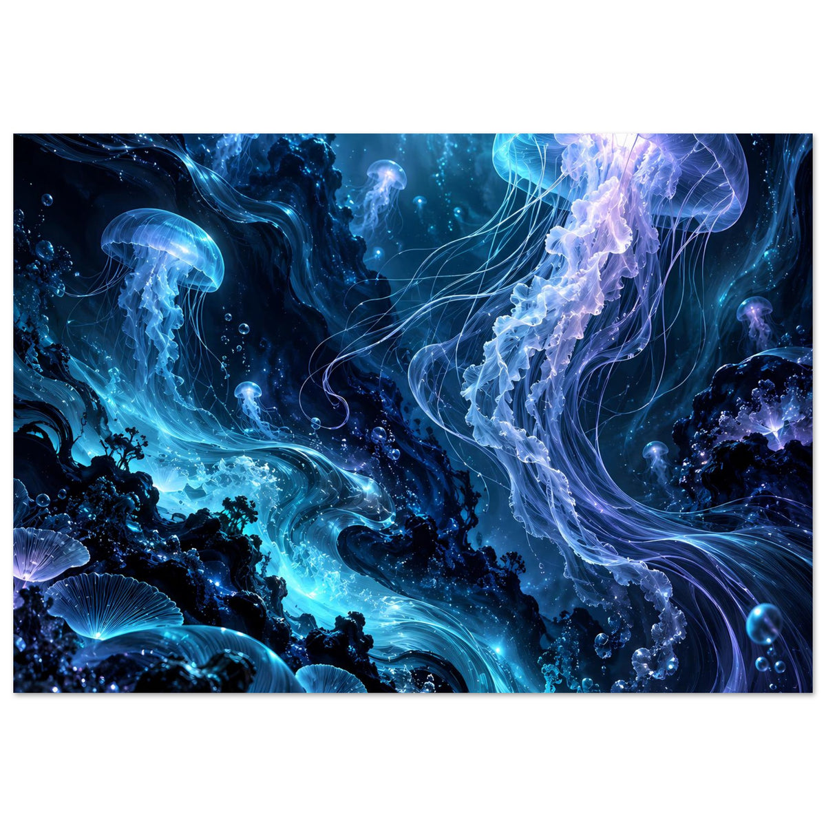 Unterwasser-Poster, horizontal: leuchtende Quallen in Blau und violetten Lichtschimmern