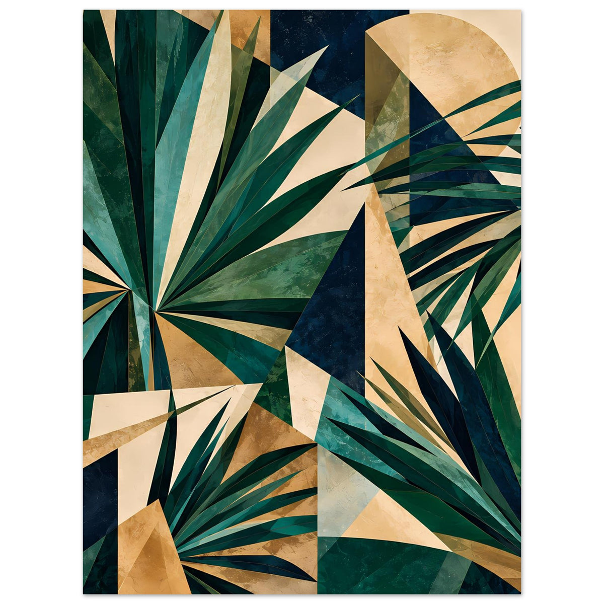 Kunstposter mit geometrischem Blattmuster in tiefen Grüntönen und Gold, Hochformat