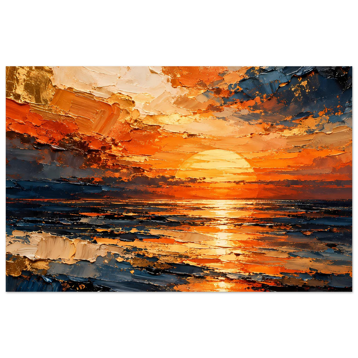 Abstraktes Sonnenuntergangs-Meer Poster mit orangen und blauen Pinselstrukturen, horizontal