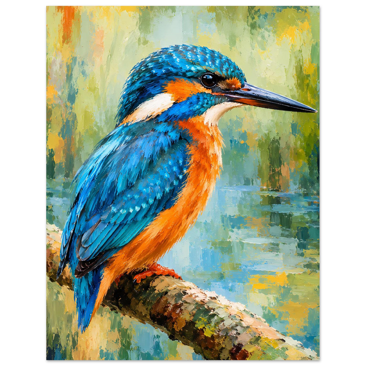 Poster mit Eisvogel im Nahmotiv, blaues Federkleid, orange Brust, auf Ast