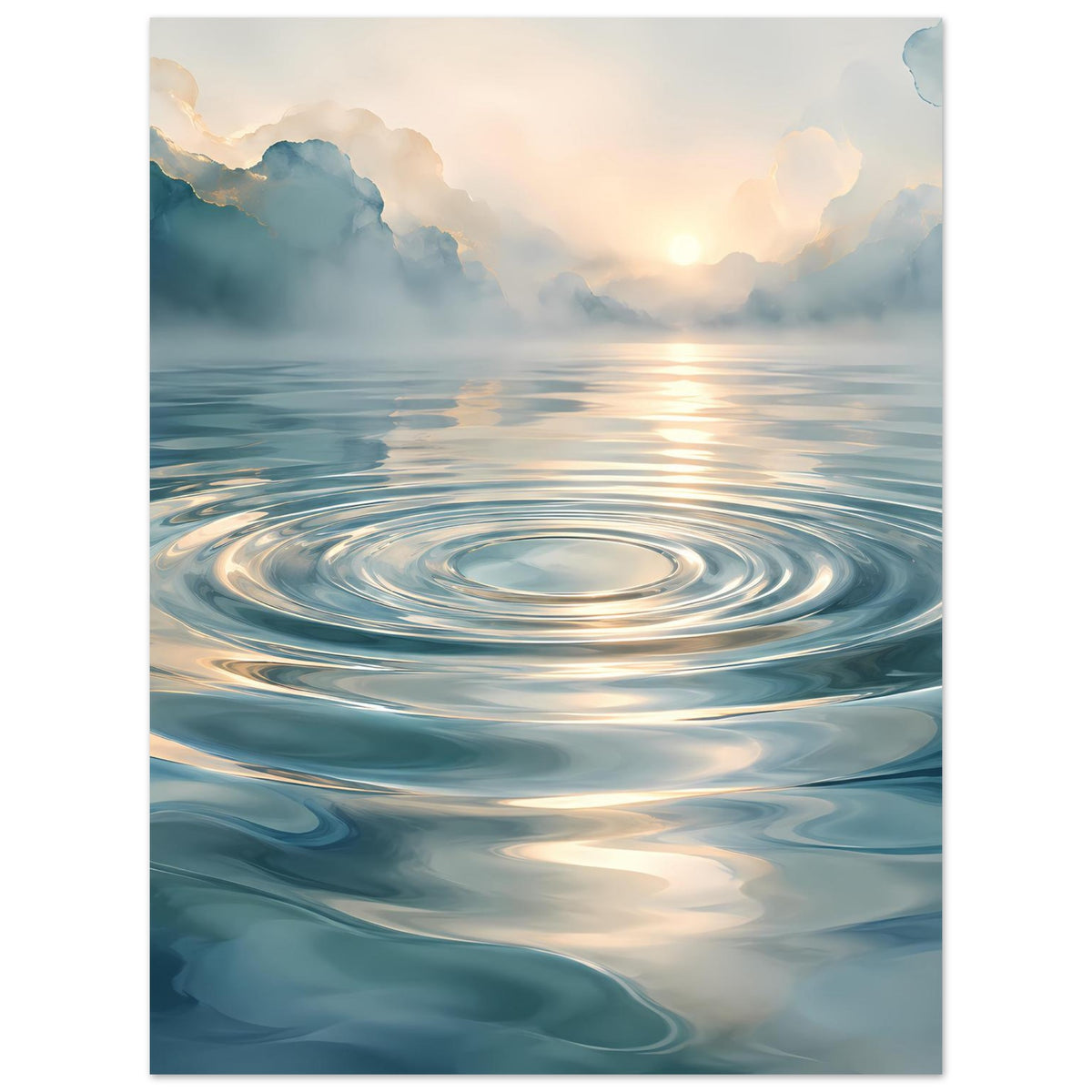 Wasserwellen-Poster, ruhige Meeresoberfläche mit Sonnenaufgang und kreisförmigen Wellenringen, vertikal