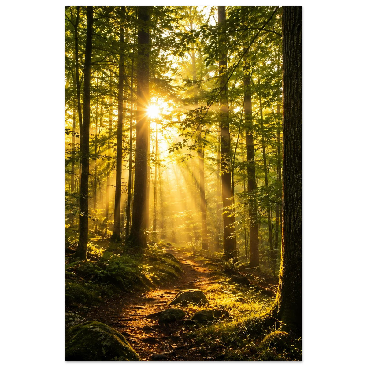 Poster mit Blick in den Wald, helles Sonnenlicht zwischen Baumstämmen und beleuchtetem Weg