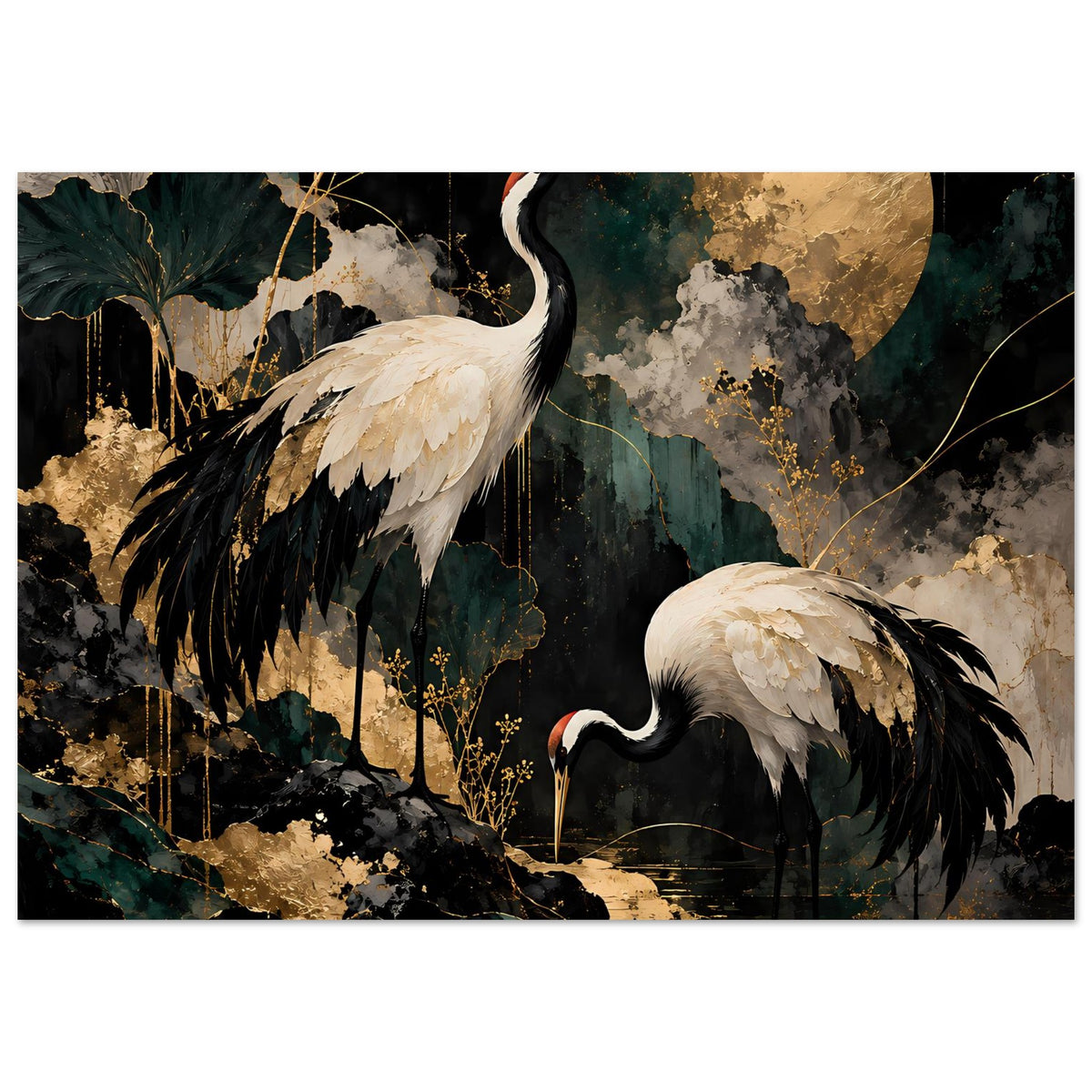 Kunstposter mit zwei Kranichen, goldener Mondsichel und dunklem Wasser, schwarz-gold Design