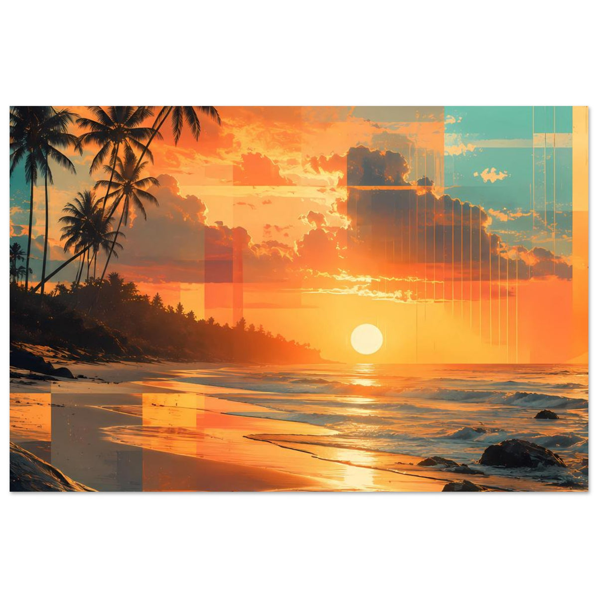 Beachdruck-Poster im Querformat mit Palmen, Küste und orangefarbenem Himmel bei Sonnenuntergang