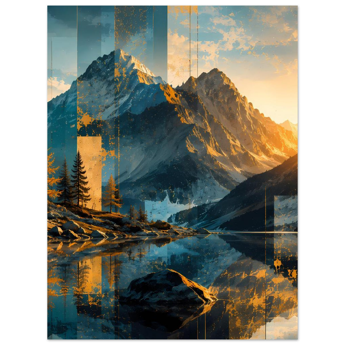 Poster im Hochformat mit markanten Bergspitzen, Tannen und warmem Licht am Horizont