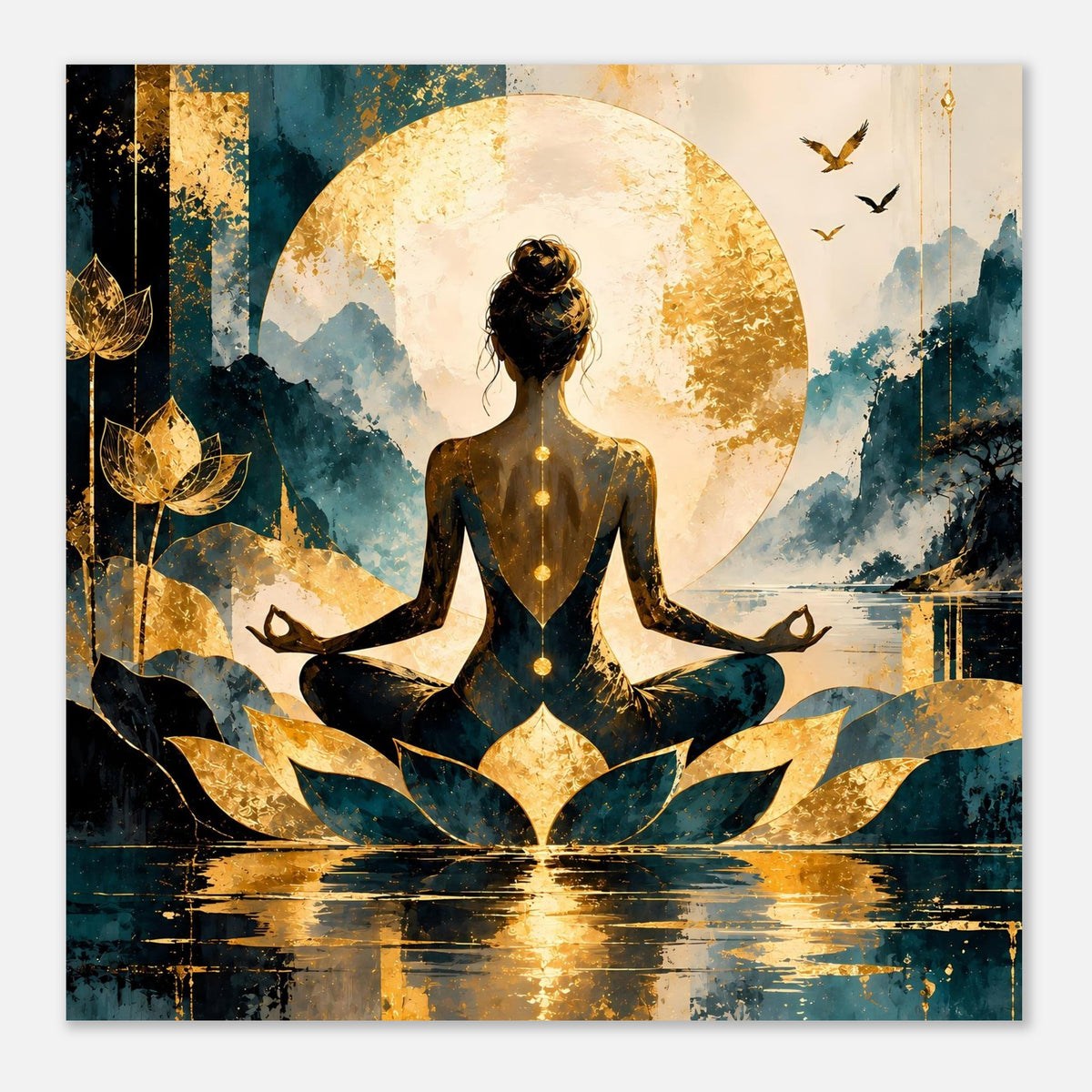 Meditatives Lotus-Frau Poster: Frau im Lotussitz, goldener Mondkreis, Lotusblätter und Vögel.