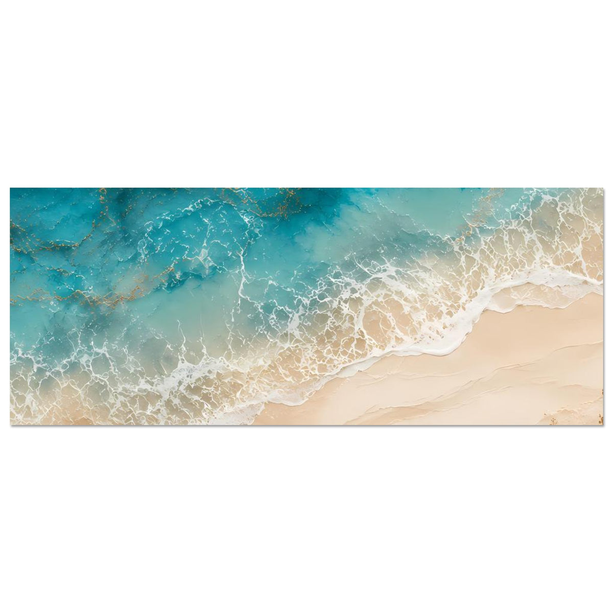 Horizontales Strandposter: türkisblaues Meer mit weißem Schaum und beigem Sand