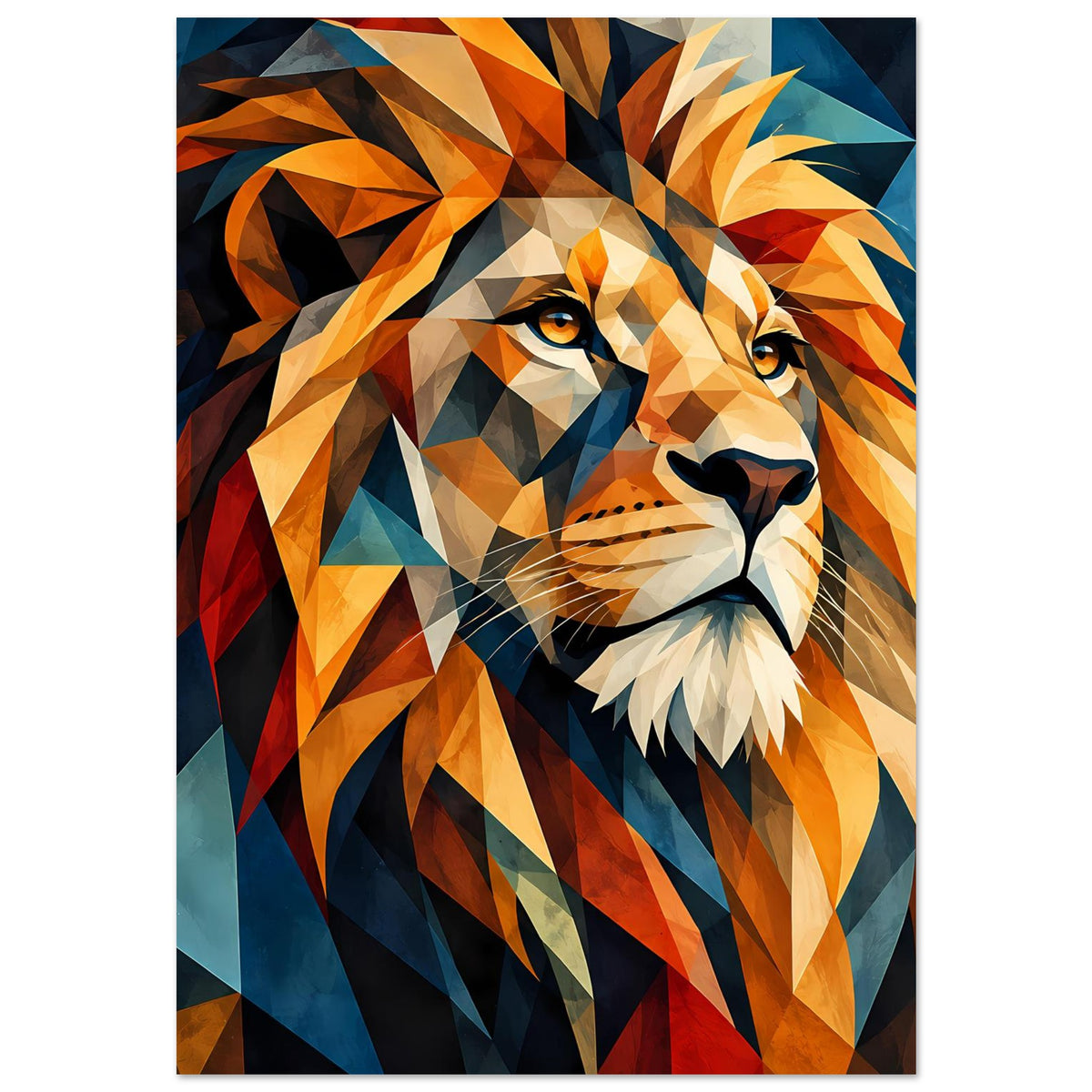 Geometrisches Löwenposter mit Dreiecks-Löwenkopf, Blick nach vorn, Orange/Rot/Blau