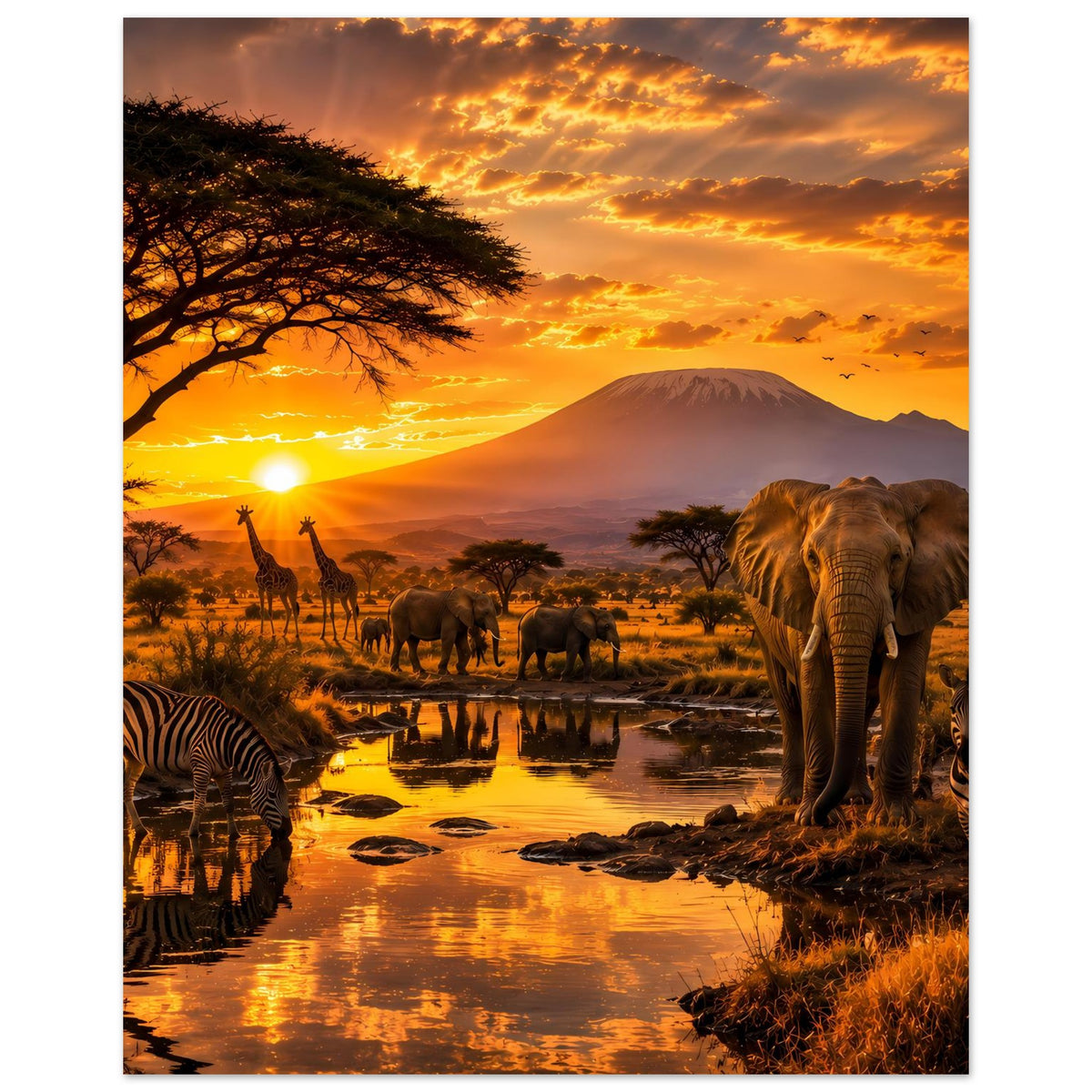 Vertikales Tierwelt-Poster mit Elefant rechts, Zebras vorn und Giraffen im Hintergrund