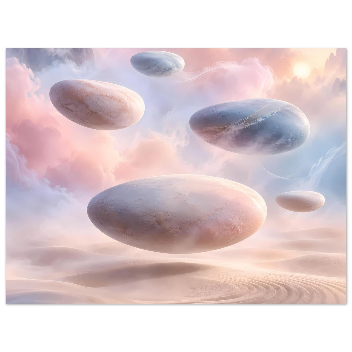 Surreales Pastellposter mit schwebenden Felsen über rosa Wüstendünen