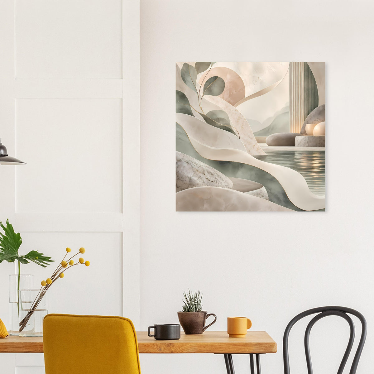 Quadratisches abstraktes Poster mit Marmor- und Sandtextur, beigen, grauen und grünen Flächen