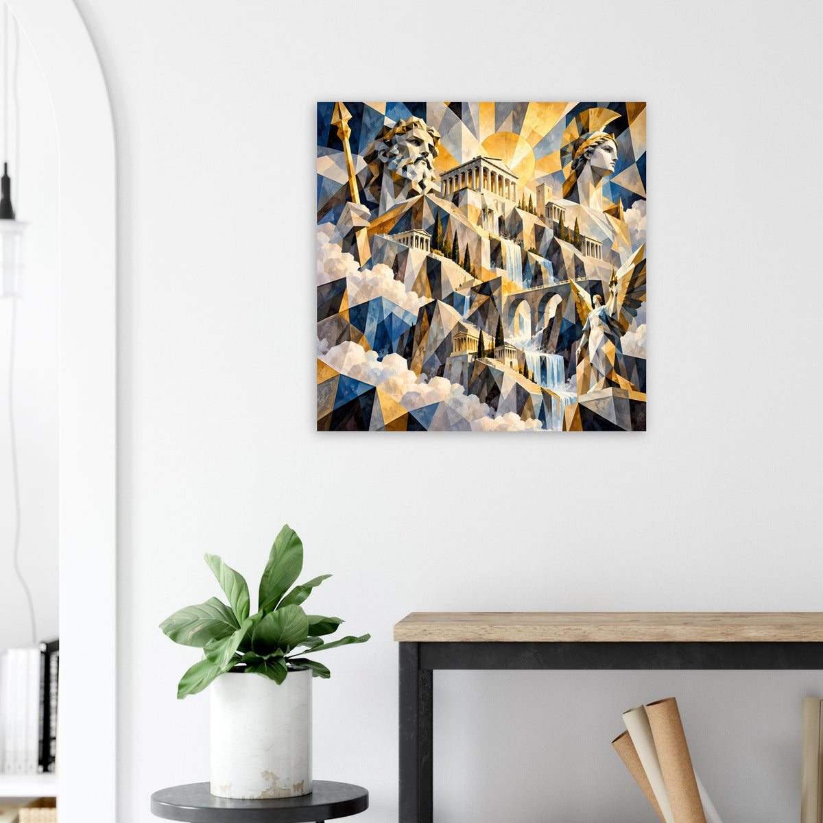 Poster mit geometrischem Mosaikmotiv und goldenen Säulen in Blau, Gold und Weiß