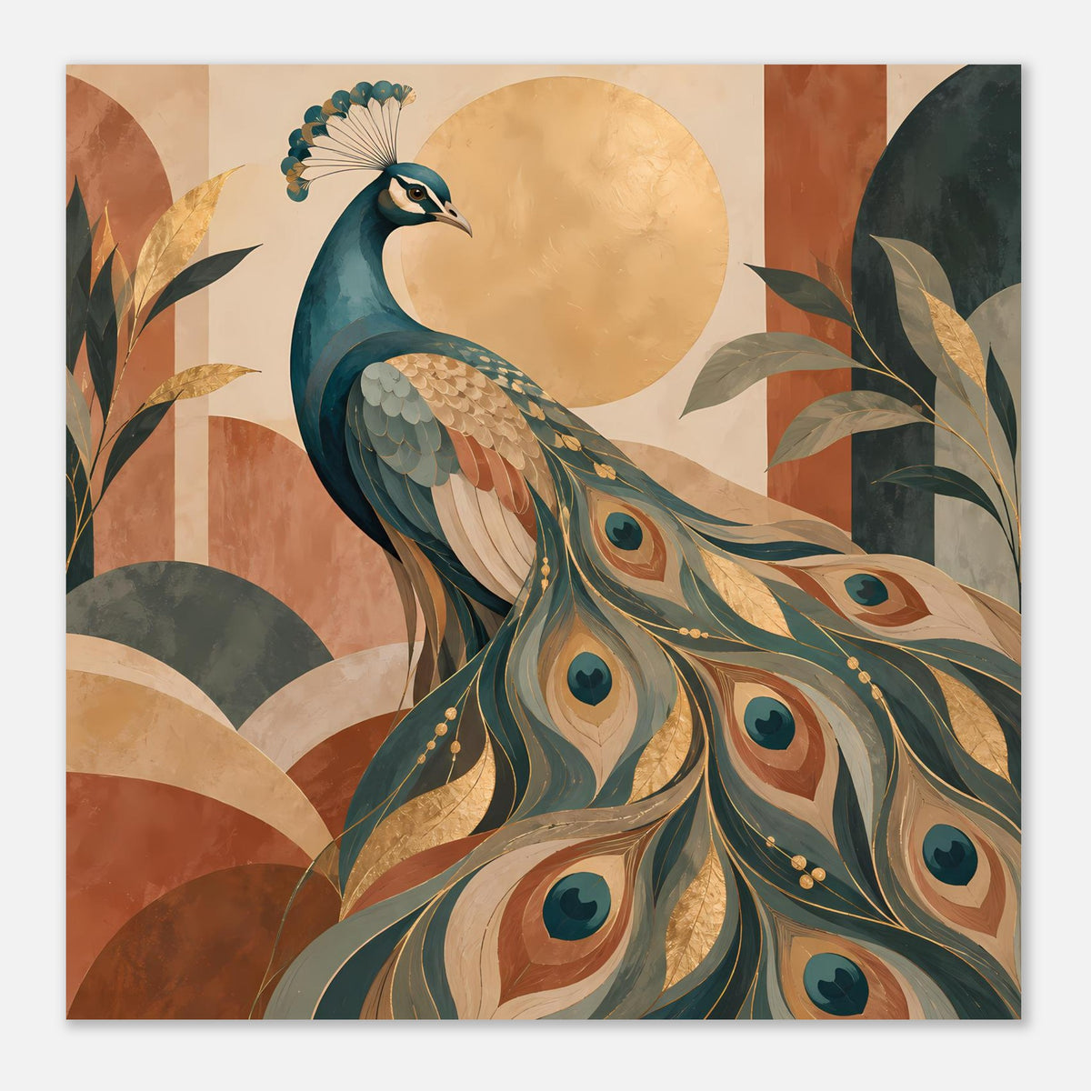 Rechteckiges Pfau-Poster mit Pfau in warmen Erdtönen, goldene Punkte und Blattmotive