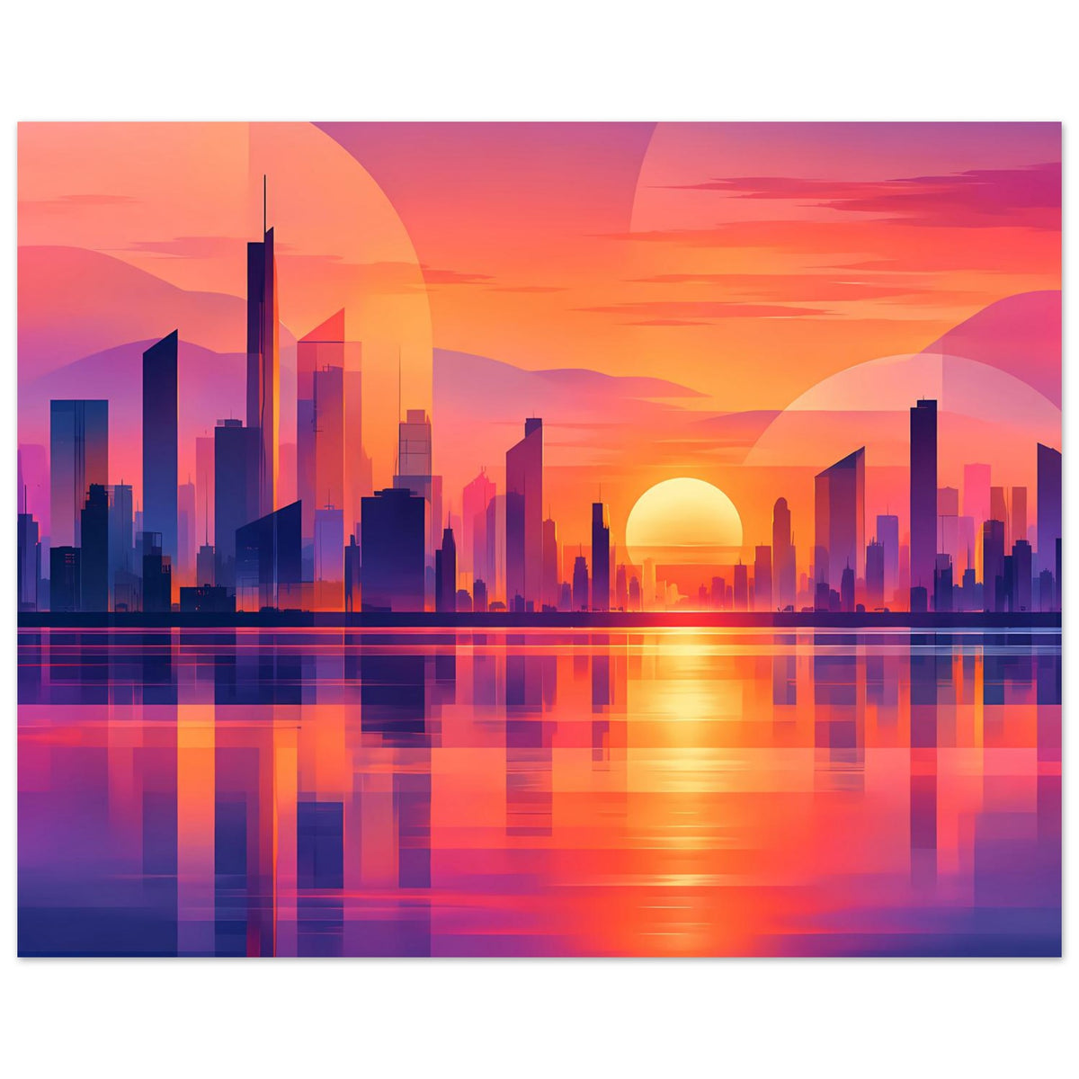 Horizontales Stadtposter mit Skyline bei Sonnenuntergang und leuchtender Wasserreflexion