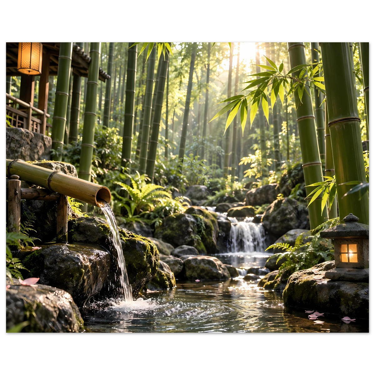 Poster mit Wasserfall im Bambusgarten, fließendes Wasser über Felsen und Laterne