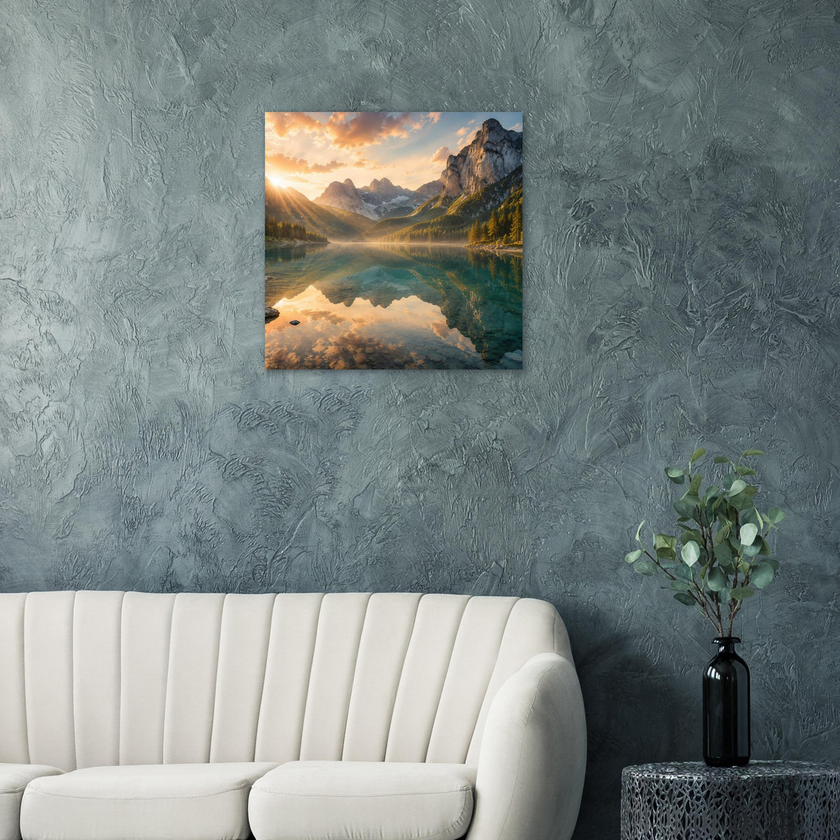 Quadratisches Wandposter mit Bergsee-Landschaft und Sonnenaufgang im Rahmen