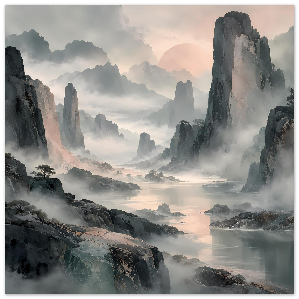 Poster mit nebliger Gebirgslandschaft, Wasserfläche und Pastellhimmel, hohe Felsformation rechts