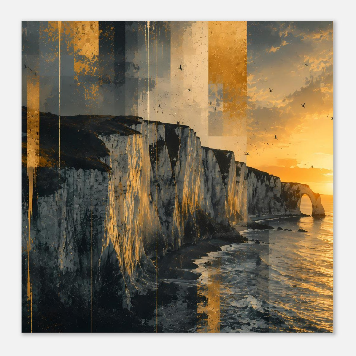 Poster mit Küstenklippen und Strand, goldenes Abendlicht, schwarze Farbverläufe und Meer