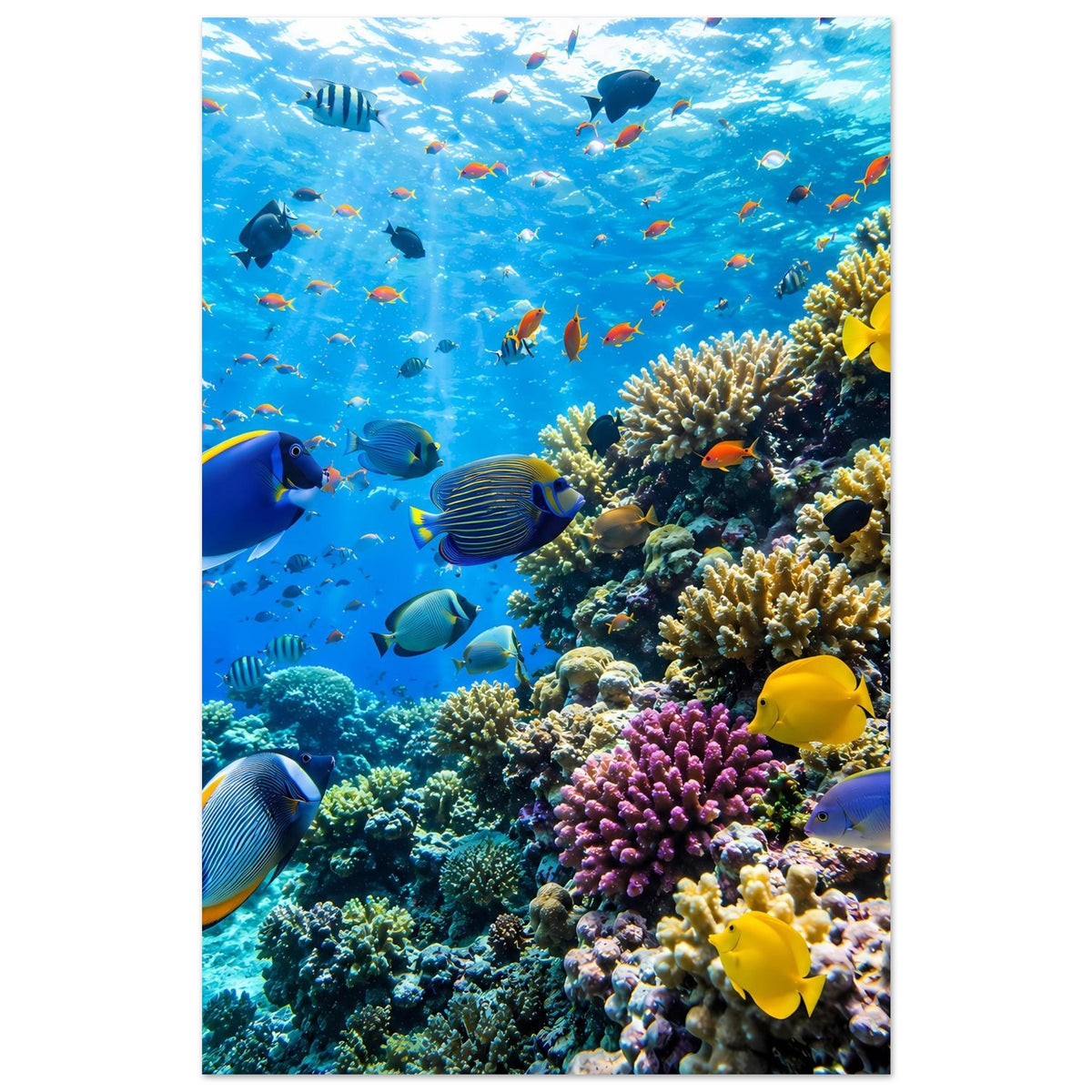 Poster mit tropischem Korallenriff und Schwarm bunter Fische im Blauton