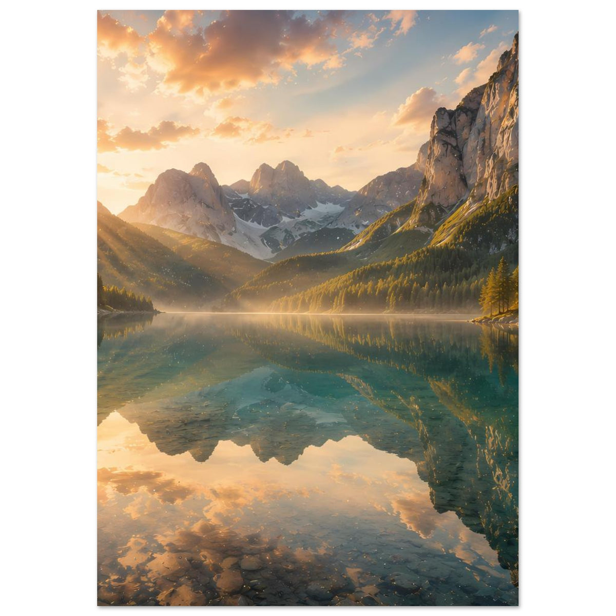 Kunstdruck-Poster mit Sonnenaufgang über Berglandschaft und Spiegelung im Seeufer