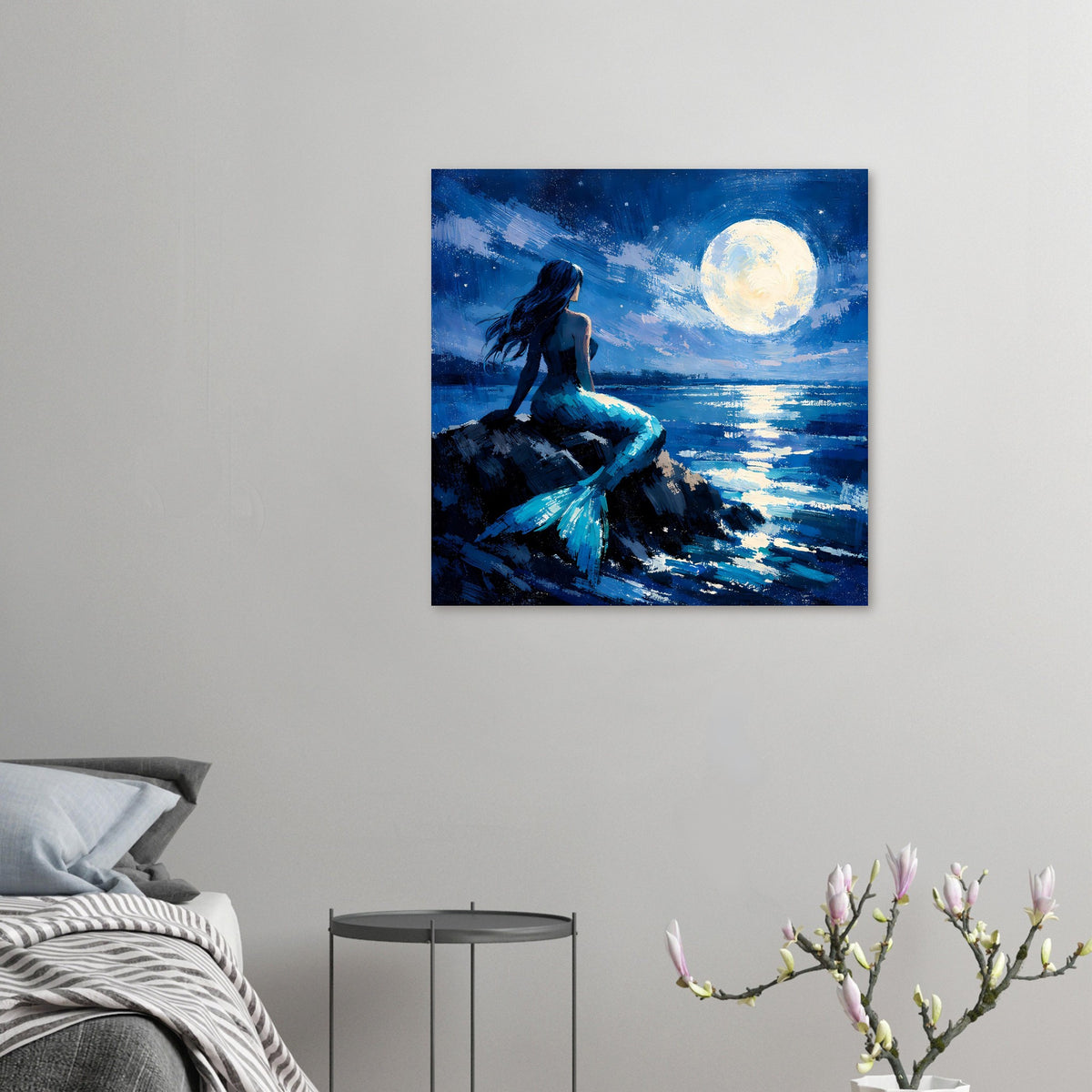 Mattes Poster klein an der Wand: Meerjungfrau mit blauem Schwanz und Vollmond am Meer