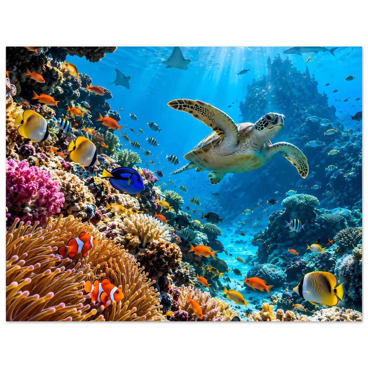 Poster mit Korallenriff: Meeresschildkröte zentral, links Korallen mit Anemonen, viele Fische