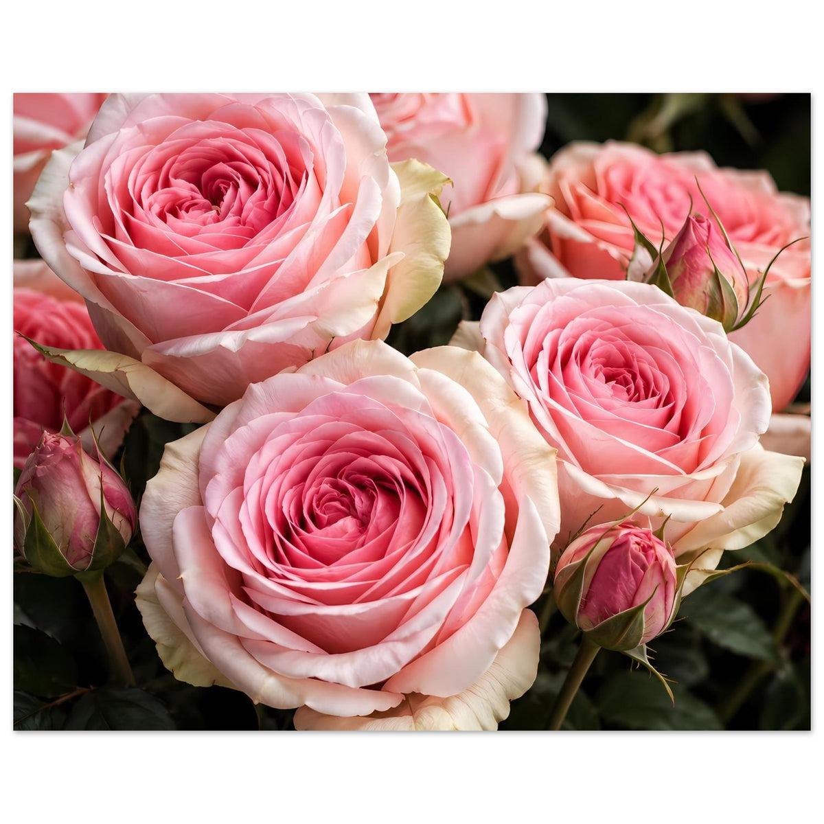 Rosenposter im Querformat mit drei großen Rosetten in Rosa und Cremeweiß