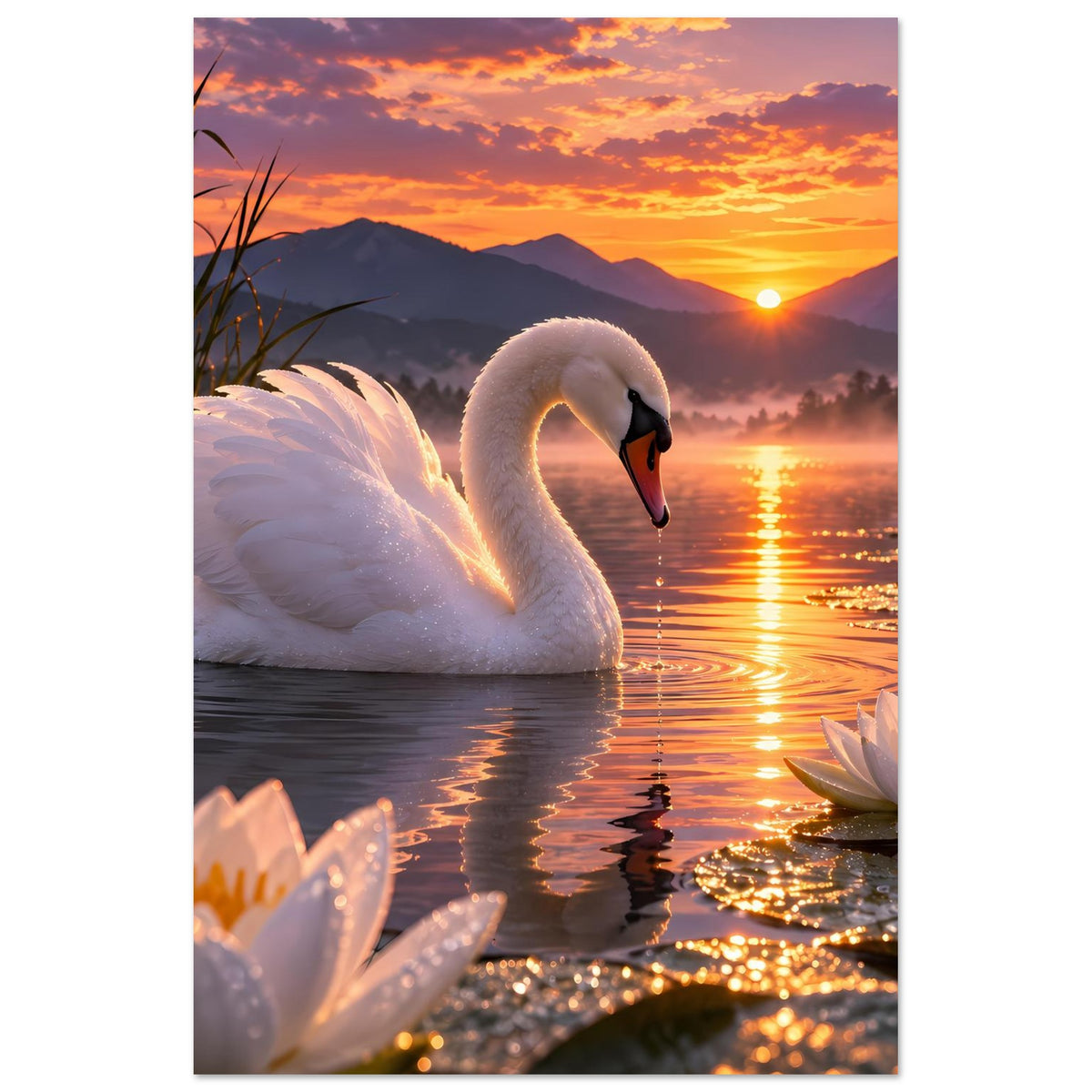 Vertikales Poster: weißer Schwan auf dem See, Seerosen am Ufer, Sonnenuntergang