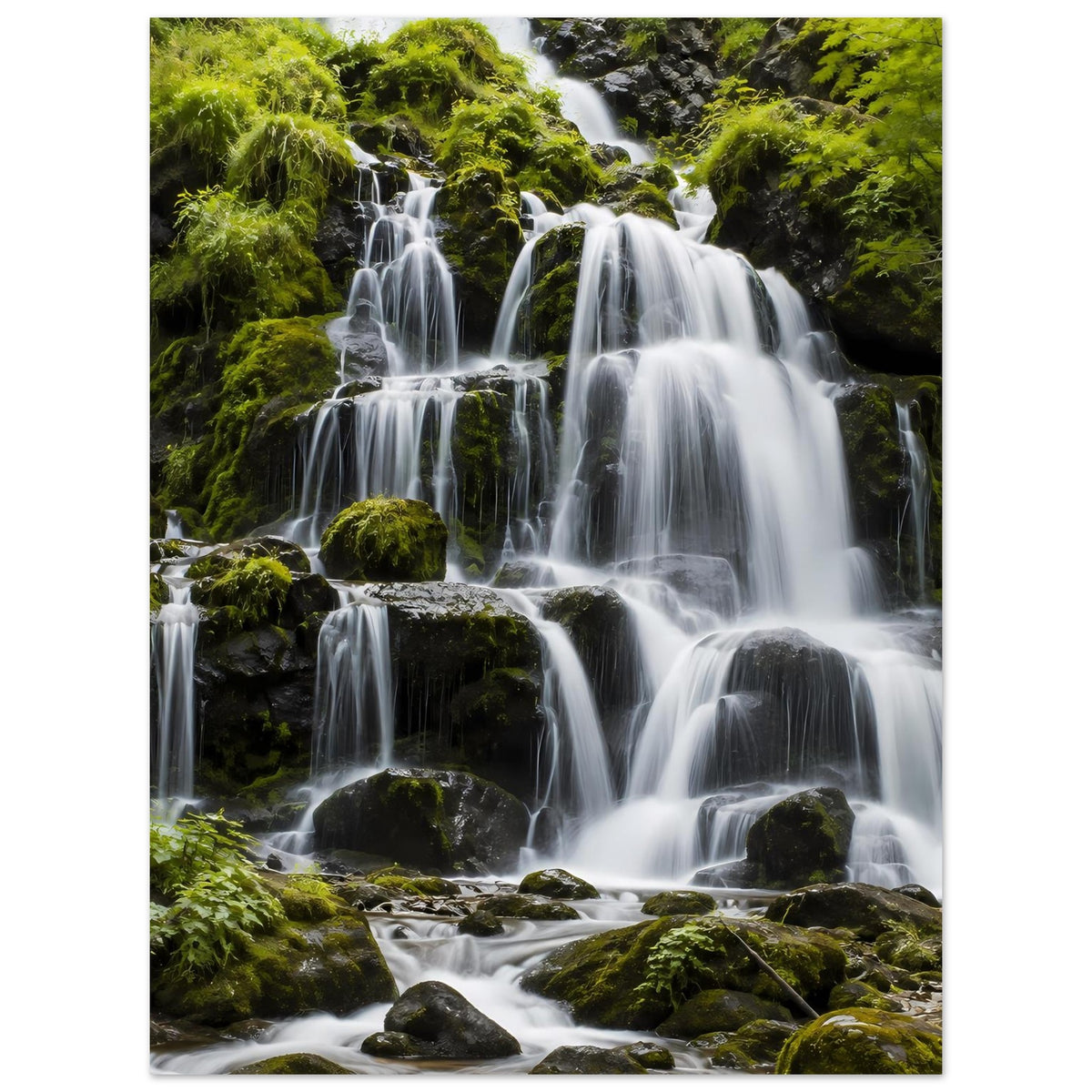 Wasserfallposter mit fließenden Kaskaden, umrahmt von grünem Bewuchs auf dunklen Steinen