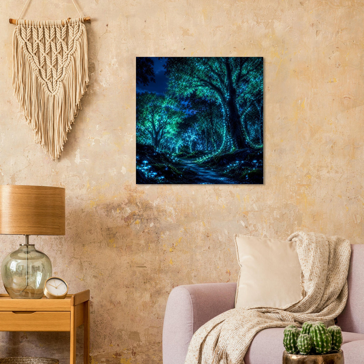 Quadratisches Poster: leuchtender grüner Wald mit Pfad und Lichtpunkten im dunklen Rahmen