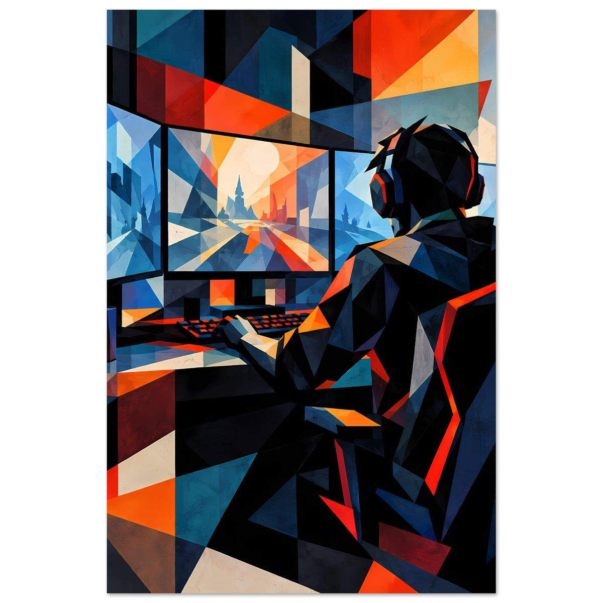 Gaming-Poster im Hochformat: abstrakte Gamer-Figur mit Headset und Tastatur, blau-orange Geometrie