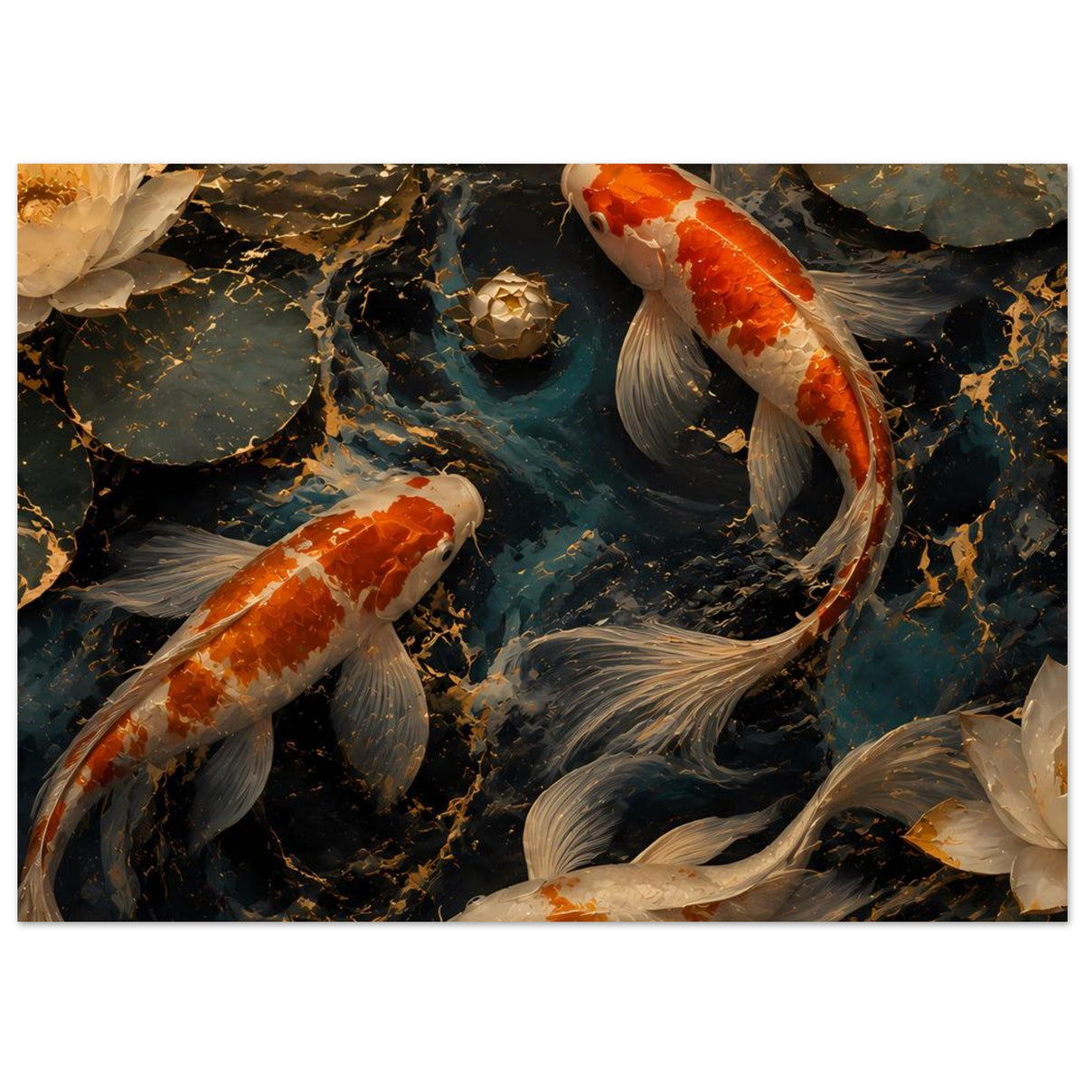 Horizontales Kunstposter mit Koi-Fischen im Teich, orange-weiße Karpfen und Steine