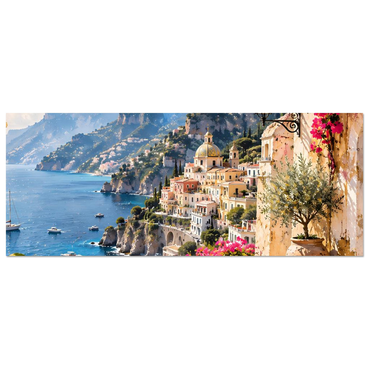 Horizontales Poster mit Küste am Felsen: viele Boote, weiße Häuser und rosa Blumen