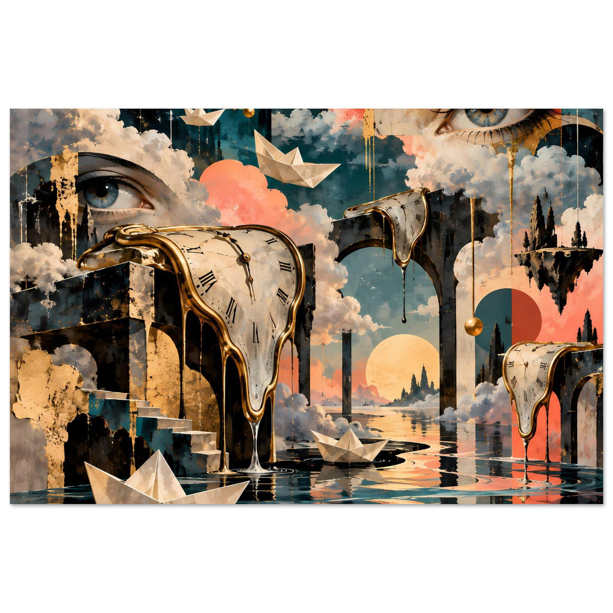Surrealistisches Poster im Querformat mit schmelzender Uhr, Wolken und Papierbooten im Wasser
