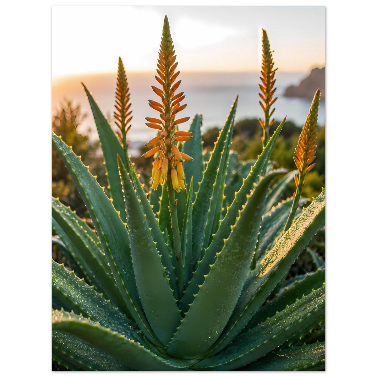 Botanisches Poster: Aloe-Blattrosette mit orangefarbenen Blütenrispen, im Hochformat gedruckt