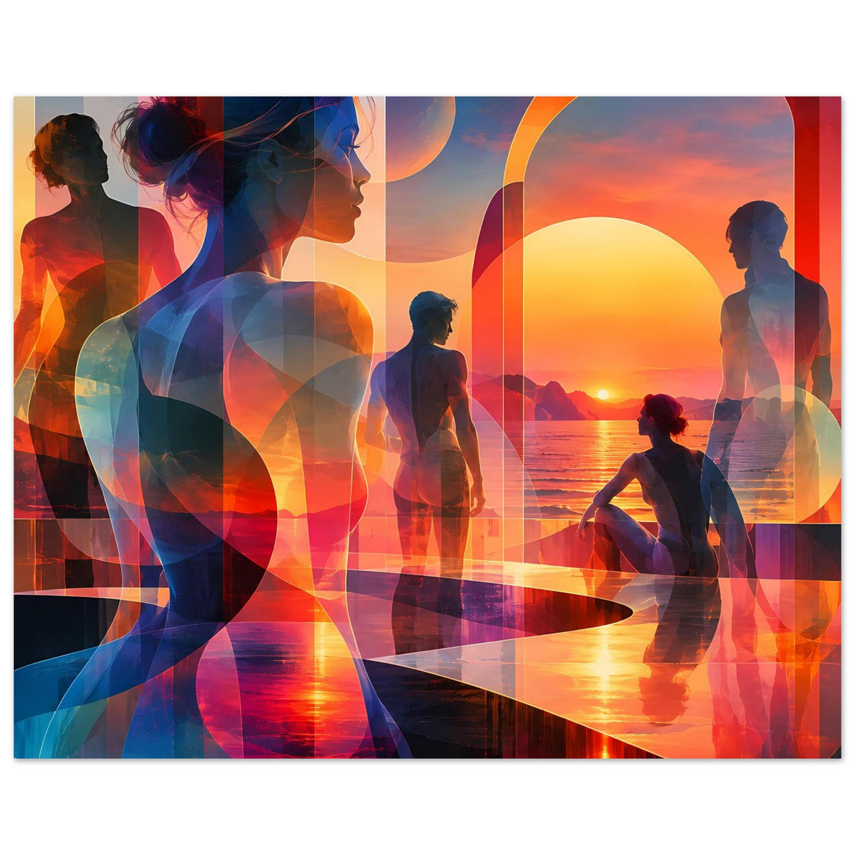 Horizontales Kunstposter: Frauen- und Männer-Silhouetten vor orange-blauem Sonnenuntergang