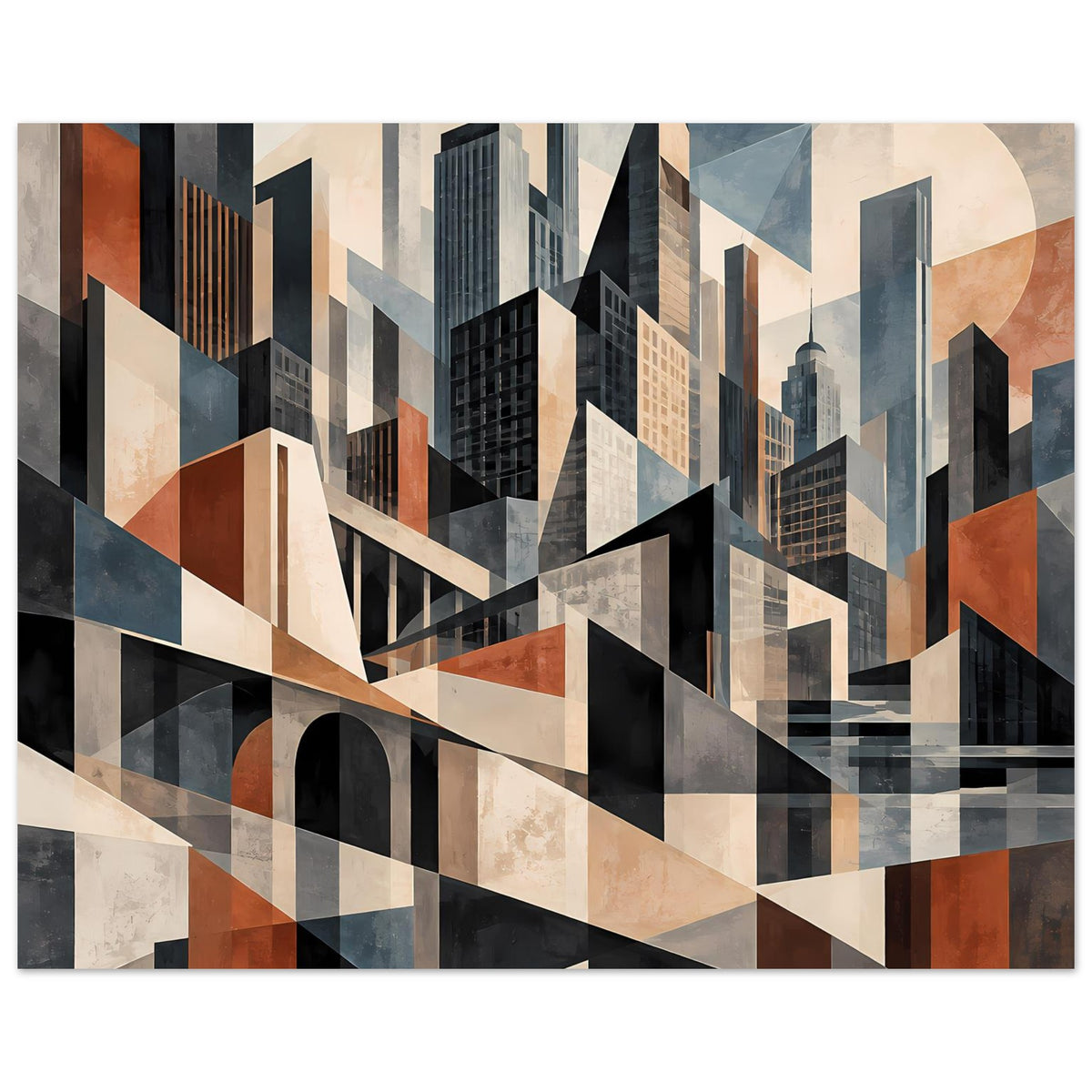 Architekturposter im Querformat: geometrische Gebäudeformen, Erdtöne und Blau