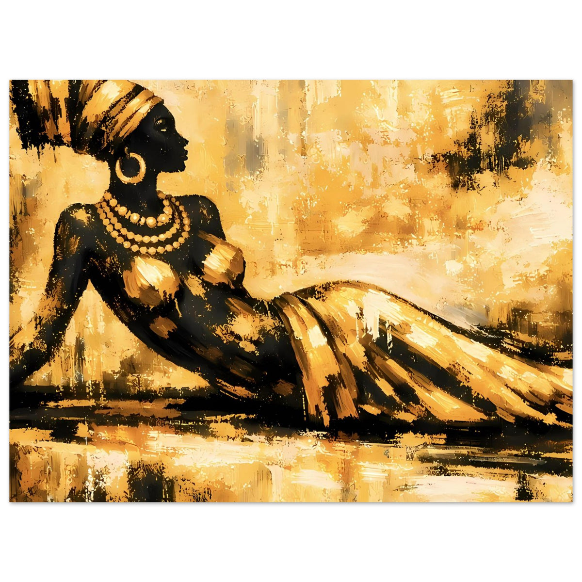 Kunst-Poster im Querformat: liegende Frau in Schwarz mit goldenen Perlen, kontrastreiche Pinselstriche.