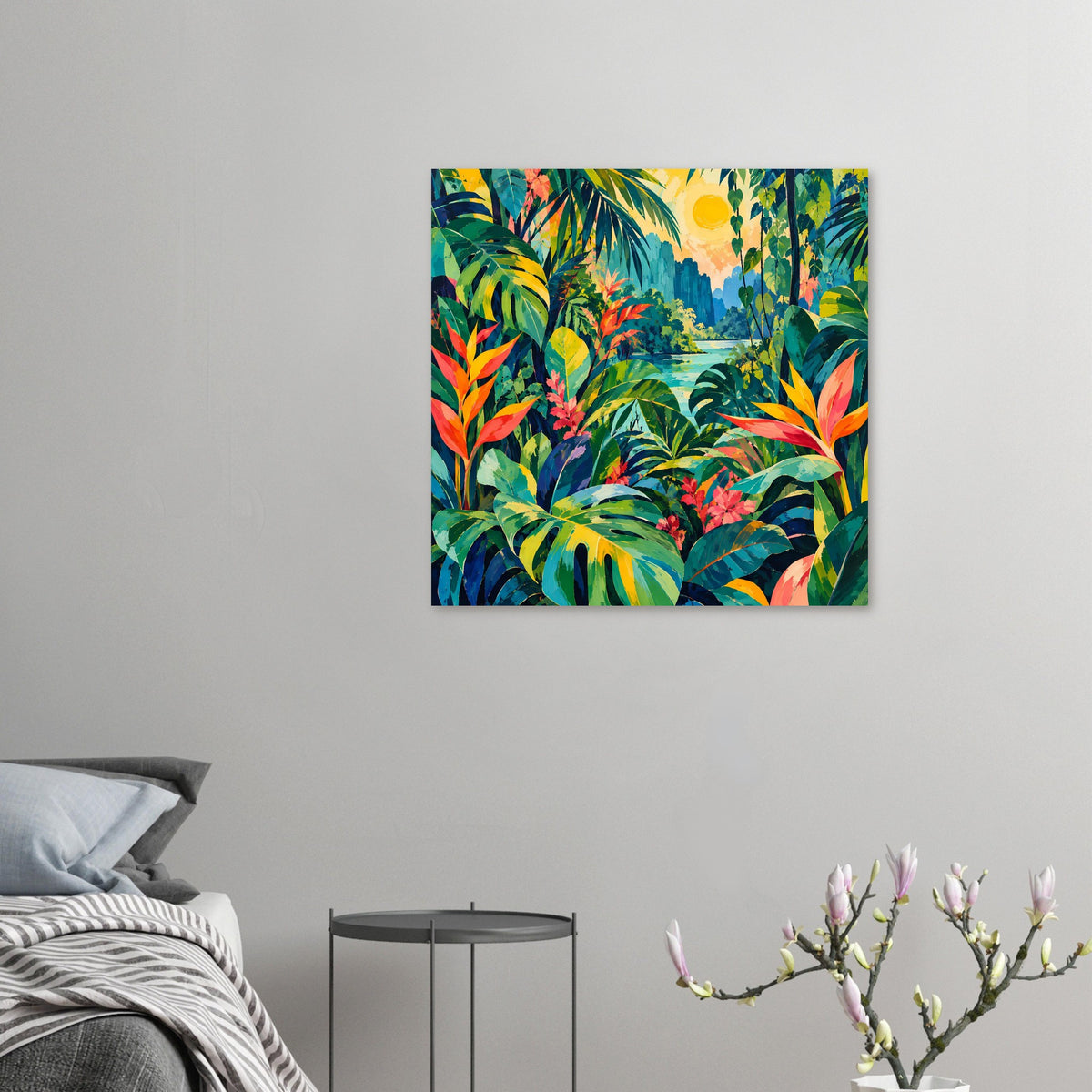 Kleines quadratisches Dschungel-Poster an der Wand, farbige Blätter und Sonne sichtbar