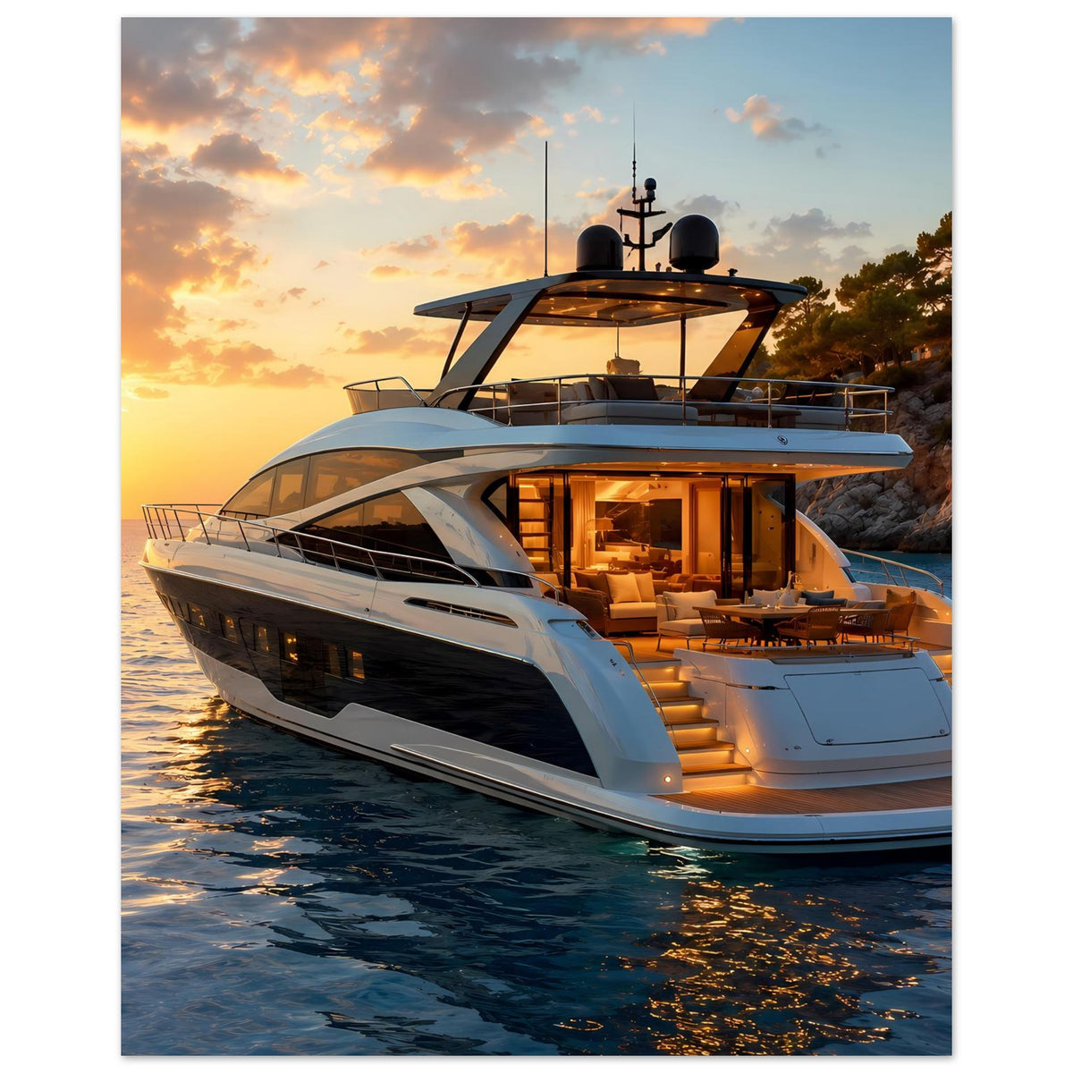 Poster mit weißer Yacht bei Sonnenuntergang, Front- und Seitenansicht vor dem Ufer
