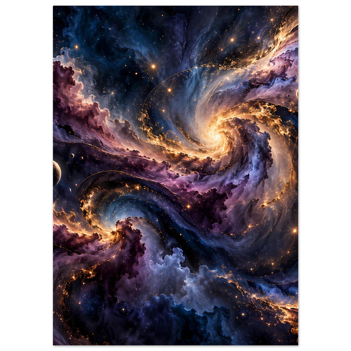 Weltraum-Poster, dichter Sternenhimmel über violetten Nebelwolken und leuchtenden Staubgassen.