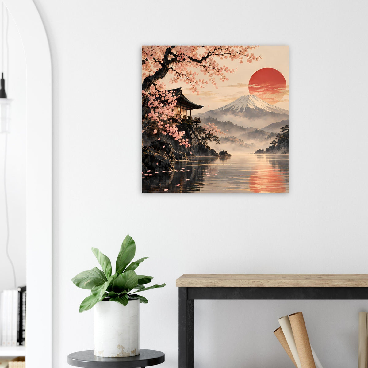 Quadratisches Wandposter: roter Sonnenball, Kirschblüten, Berg Fuji, Tempel am Ufer