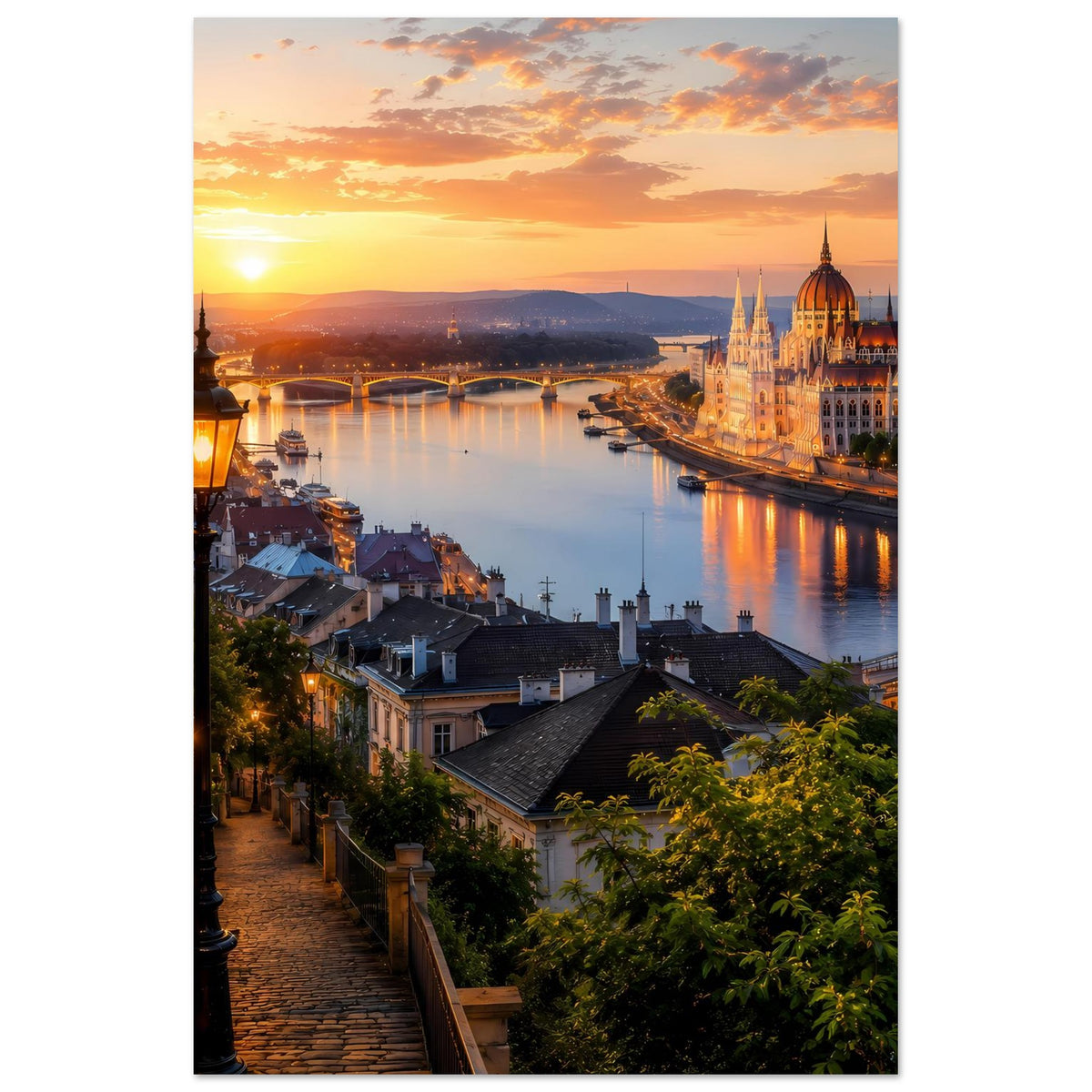 Wandposter im Hochformat: Sonnenuntergang über der Stadt, Fluss, Brücke und Dom