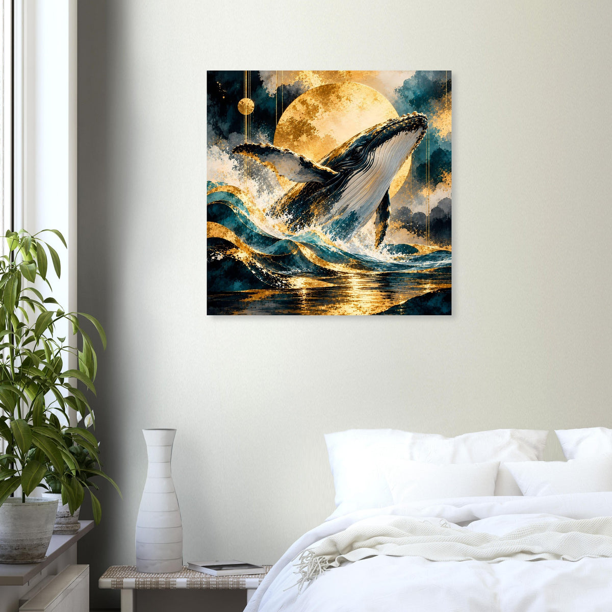 Poster: Buckelwal im goldenen Mondlicht mit goldenen Reflexen auf dem Wasser